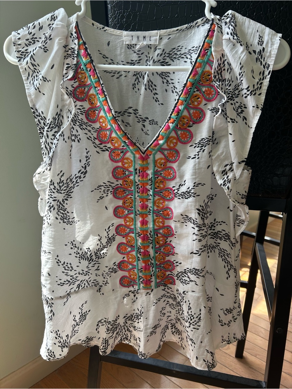 LNC THML embroidered split neck BoHo flutter sleeveless top